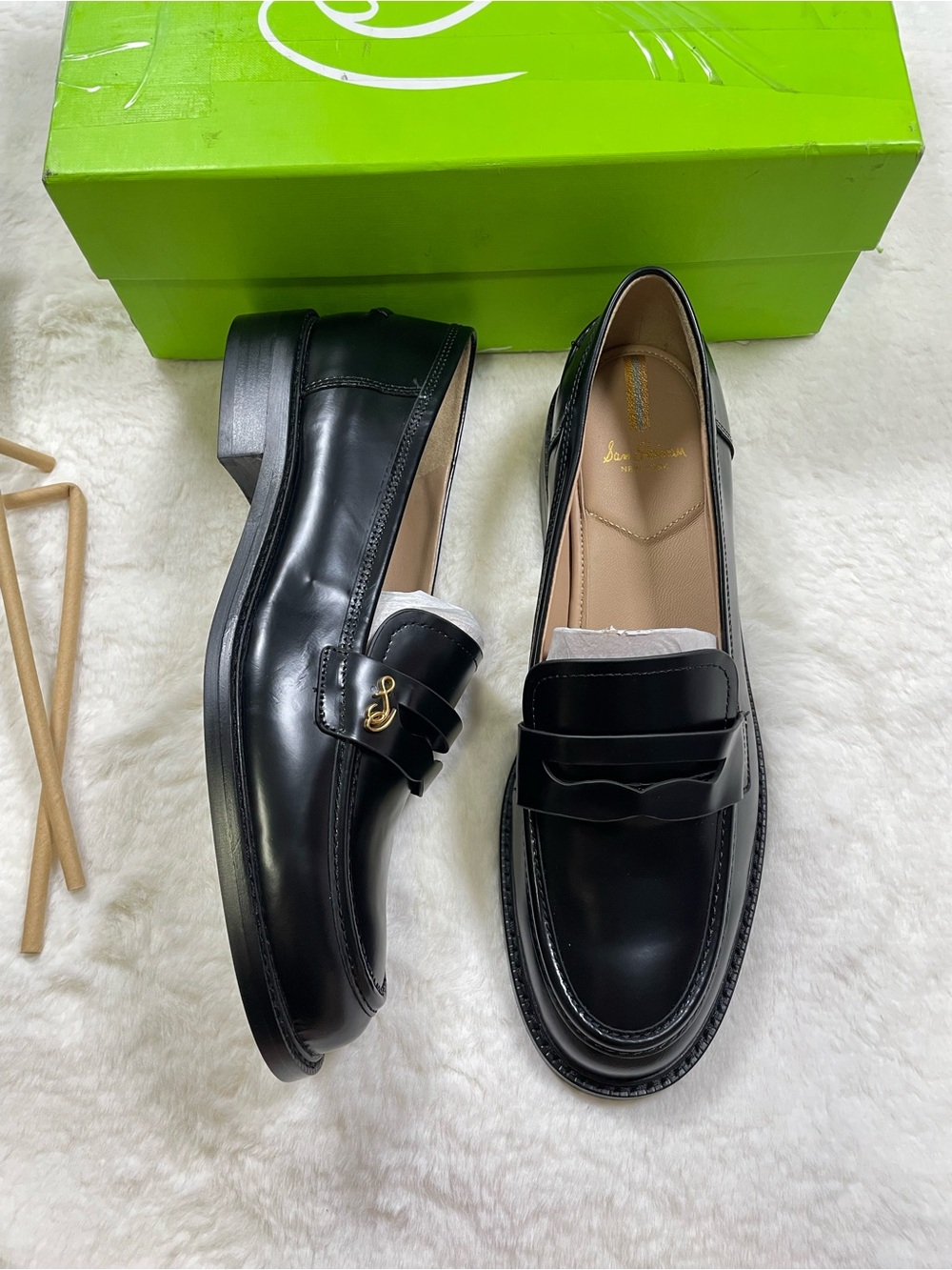 Sam Edelman Black Leather Penny Loafers with Gold Accent